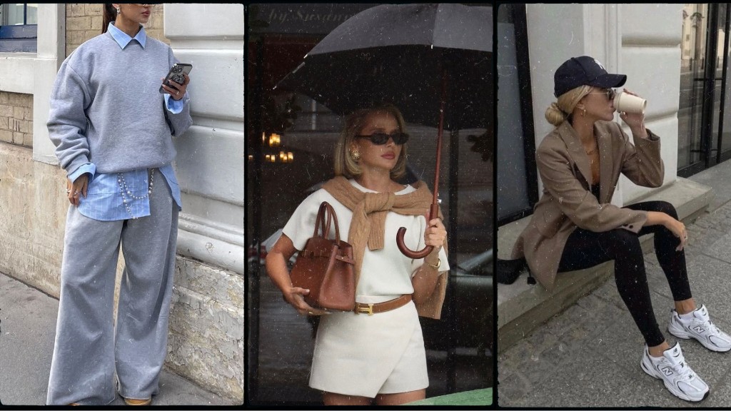 Tr&ecirc;s mulheres vestem looks b&aacute;sicos, mas com acess&oacute;rios que trazem personalidade, como bon&eacute;s, bolsas, cintos, colares, brincos e mistura de est&eacute;tica fitness com est&eacute;tica elegante.