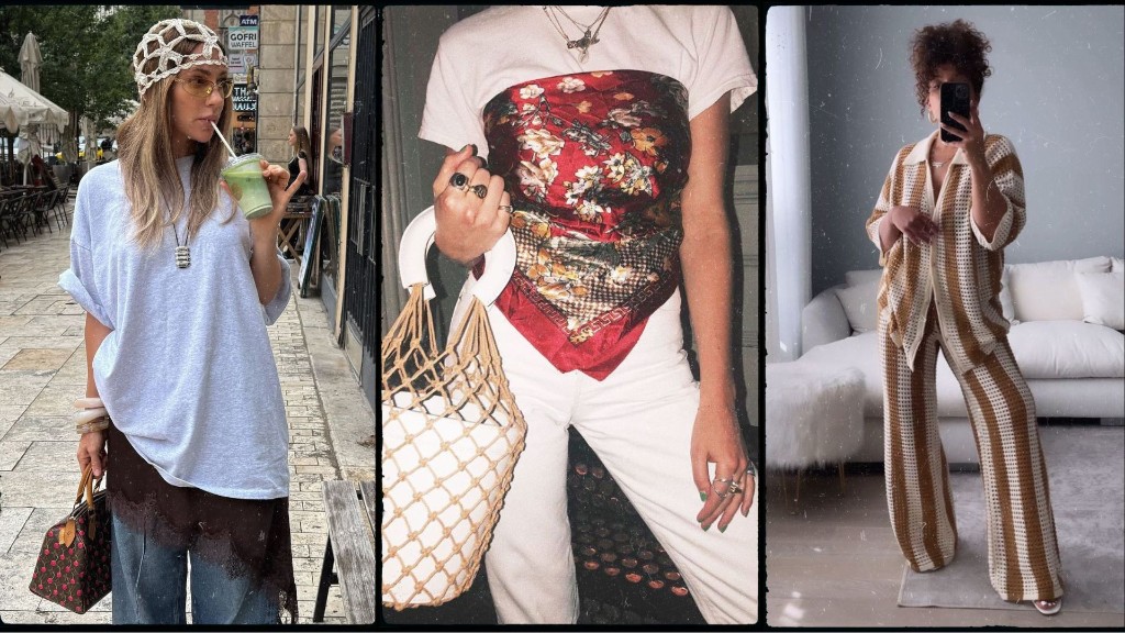 Tr&ecirc;s mulheres vestem looks "feito por humanos", com pe&ccedil;as e acess&oacute;rios em croch&ecirc;, bandanas e combina&ccedil;&otilde;es criativas. Al&eacute;m de pe&ccedil;as customizadas, transmitindo toda criatividade do DIY.