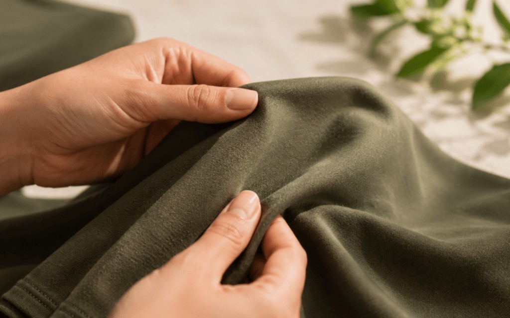 M&atilde;os analisando a textura de tecido verde oliva em ambiente clean com ilumina&ccedil;&atilde;o natural. Moda fitness sustent&aacute;vel - FIVEM