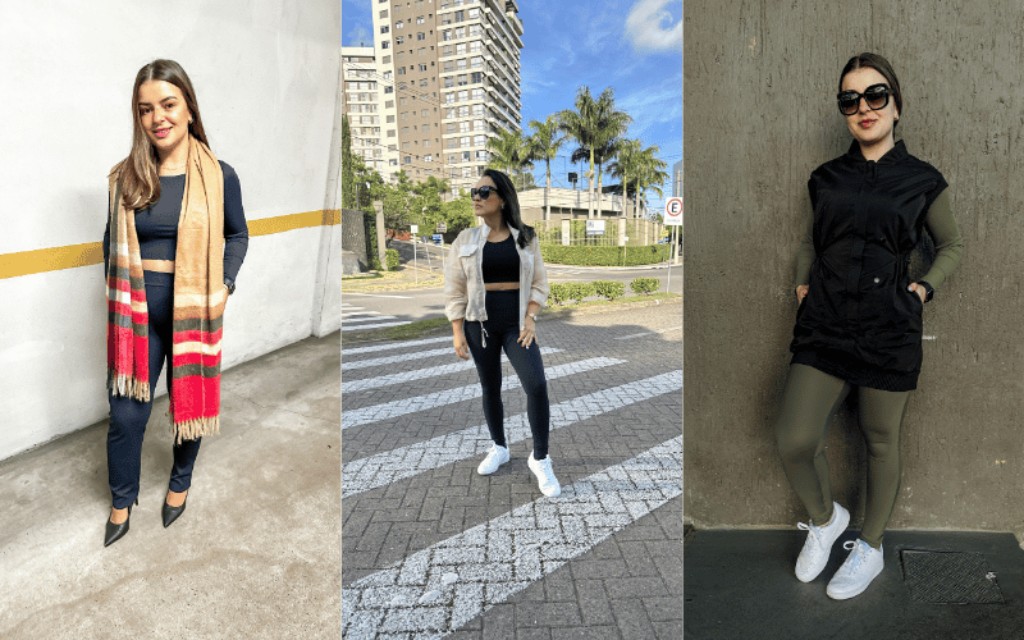 Colagem com três looks femininos de inverno em estilo athleisure elegante. Nas imagens, mulher usando conjuntos em tons neutros com leggings, tênis, scarpin e sobreposições sofisticadas, incluindo cachecol bege com detalhes vermelhos, jaqueta clara e colete preto oversized. Os looks unem conforto, versatilidade e estilo urbano para diferentes momentos do dia.