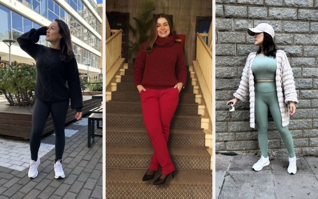 Montagem com três looks femininos de inverno 2026 que unem conforto, elegância e versatilidade. À esquerda,look all black com blusa de tricô preta, legging e tênis esportivo branco em ambiente urbano. Ao centro, mulher usando suéter vinho de gola alta com calça vermelha e scarpin preto. À direita, conjunto fitness verde claro com cardigan texturizado branco, boné e tênis branco, representando a tendência athleisure sofisticada.