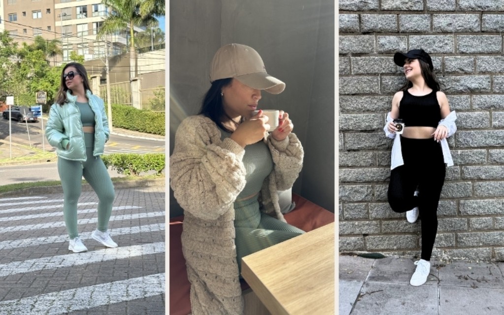 Mulher usando looks casuais e esportivos em três composições diferentes para o inverno 2026, combinando conforto, estilo e versatilidade. À esquerda, ela toma café usando cardigan de tricô, conjunto canelado verde e boné bege. Ao centro, veste conjunto athleisure verde-claro com jaqueta puffer metalizada e tênis branco em ambiente urbano. À direita, aparece com conjunto fitness preto, camisa branca aberta, boné preto e tênis branco diante de parede de tijolos.