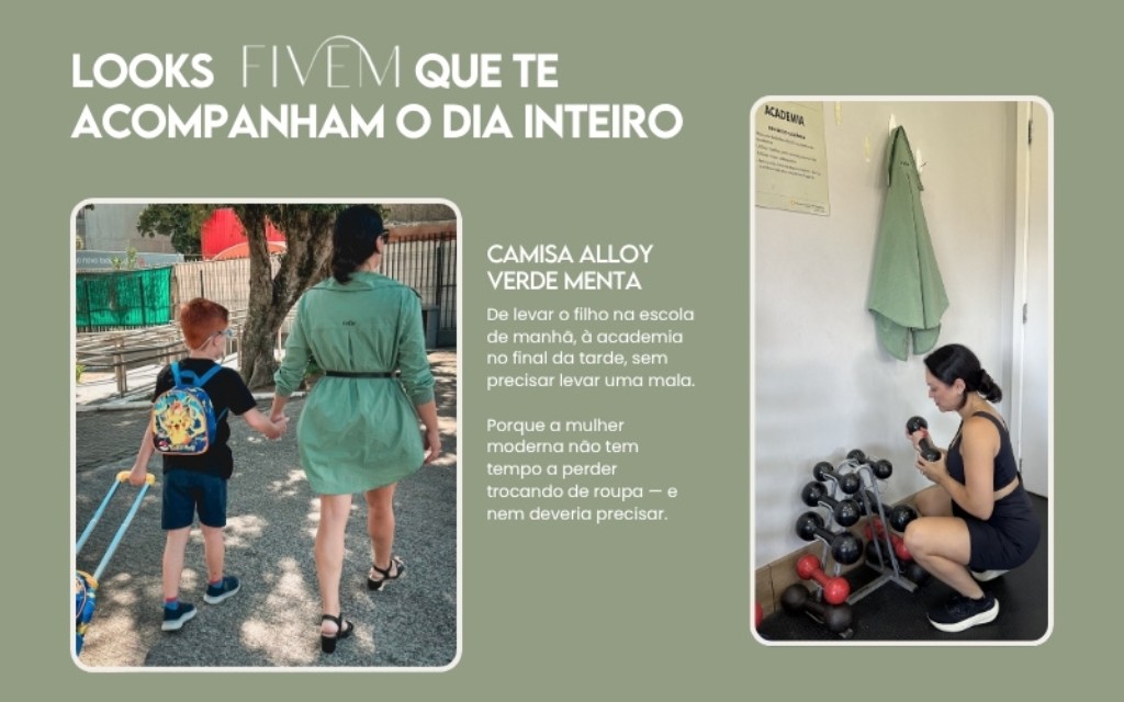 Mulher em rotina dinâmica usando roupas versáteis femininas FIVEM: caminhando com uma criança ao ar livre e treinando na academia com conjunto esportivo confortável e funcional.