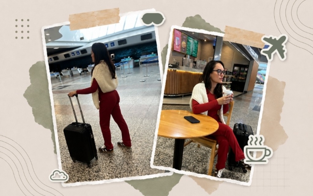 Mulher em aeroporto usando conjunto vermelho confortável da FIVEM com mala de mão, destacando praticidade, conforto e estilo para viagens e rotina moderna.