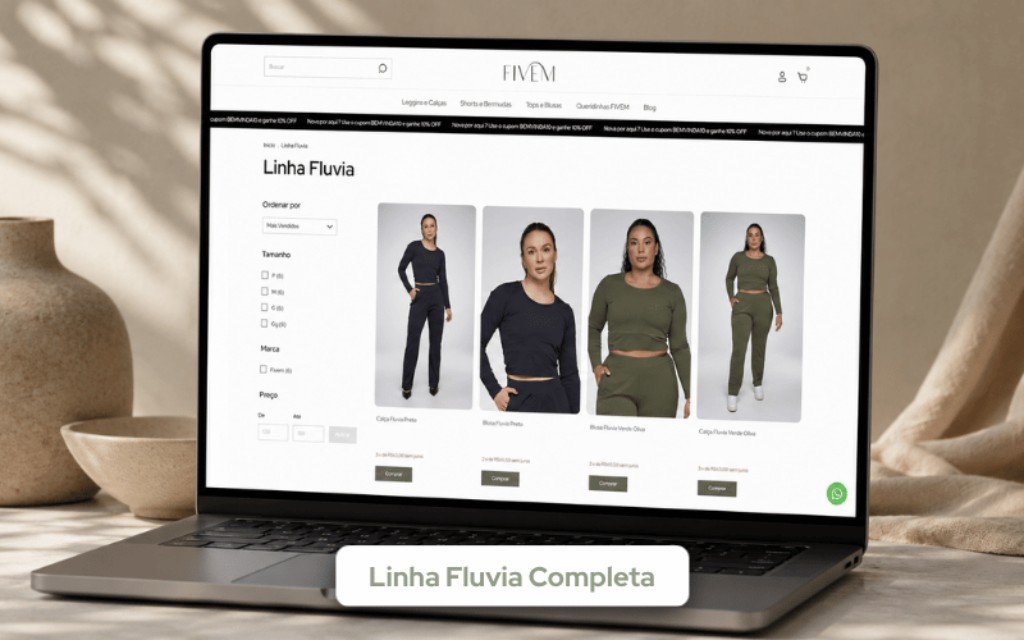 Mockup do site da FIVEM exibindo a Linha Fluvia em notebook com estética minimalista e sofisticada.