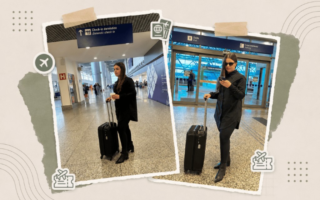 Mulher em aeroporto com mala de mão usando look preto confortável e elegante da FIVEM, ideal para viagens e rotina moderna.
