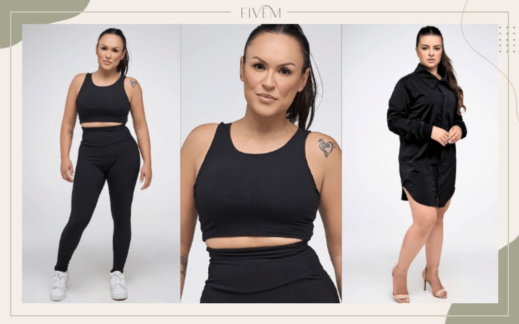 Mulher usando look esportivo, legging preta de cintura alta, top cropped canelado e camisa oversized preta, combinando conforto, elegância e versatilidade. MODA FIVEM