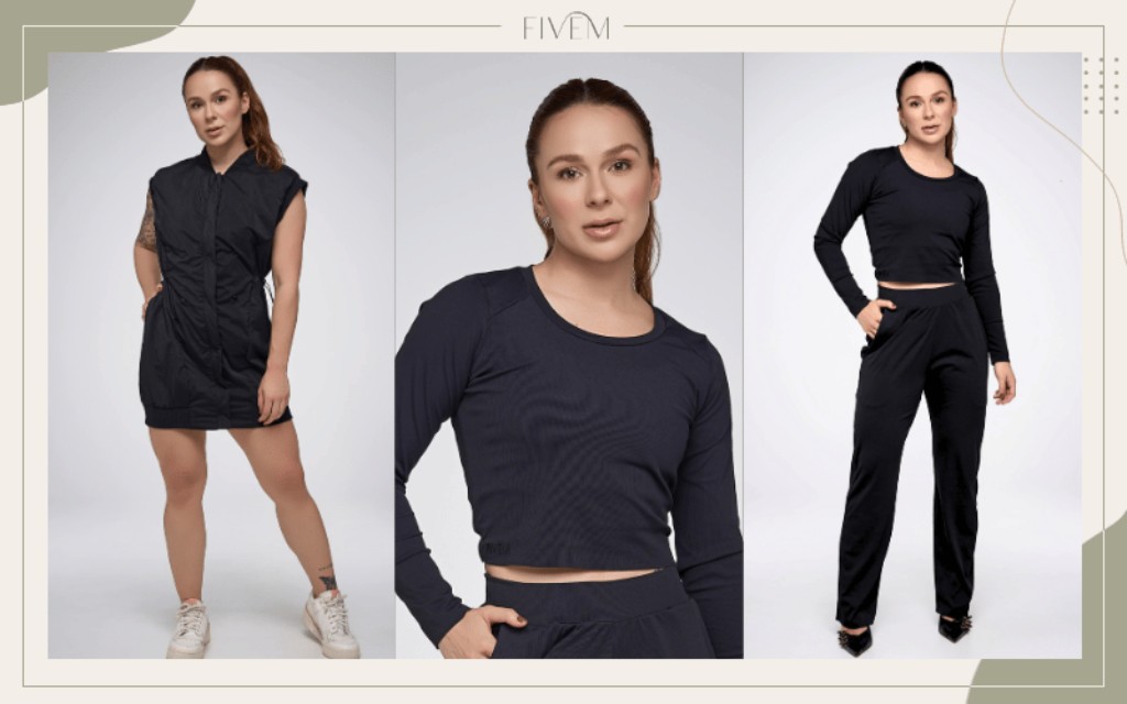 Mulher usando look monocromático sofisticado com conjunto preto de tecido fluido e colete preto FIVEM ALLOY acinturado, unindo conforto, elegância e praticidade. FIVEM - te acompanha com movimento.