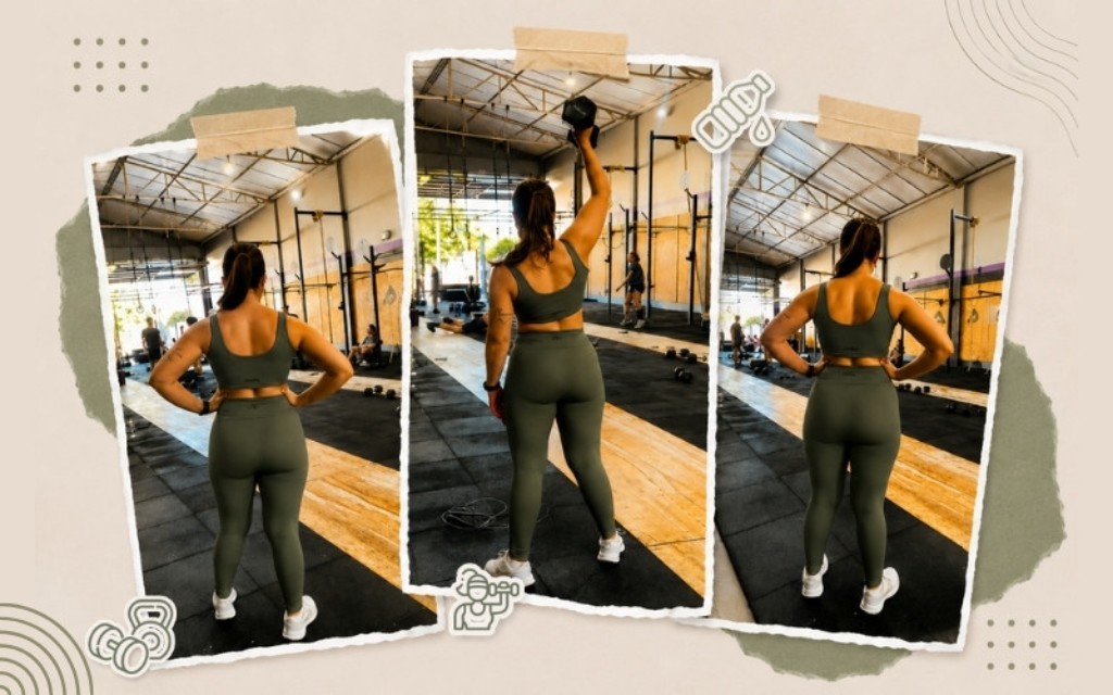 Colagem com três fotos de mulher usando conjunto fitness verde oliva da Fivem durante treino, destacando conforto, ajuste ao corpo e liberdade de movimento.