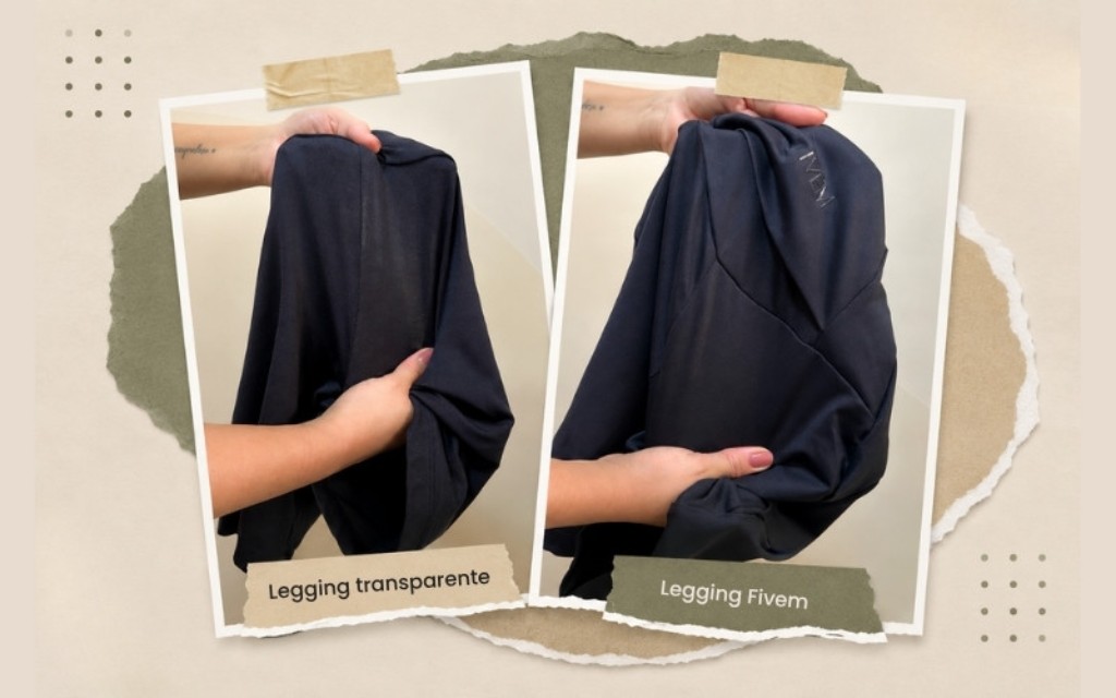 Comparativo entre legging transparente e legging Fivem, mostrando a diferença na cobertura, opacidade e qualidade do tecido para maior conforto e segurança durante o uso.