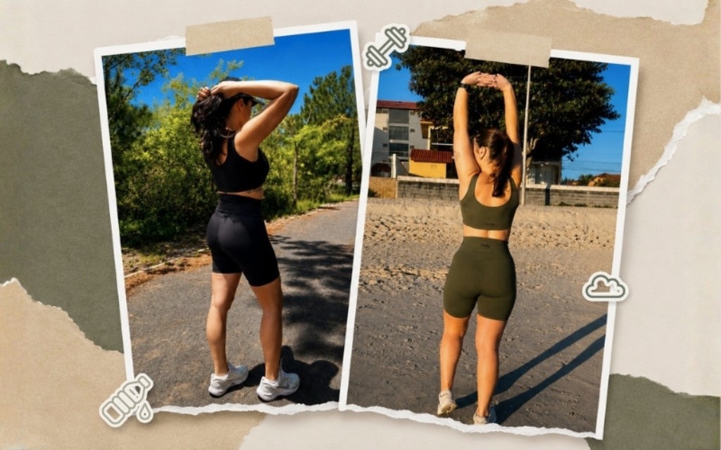 Comparação de conjuntos fitness femininos da Fivem em ambientes externos, mostrando modelagem anatômica, tecido confortável e cobertura sem transparência para treinos e caminhadas ao ar livre.