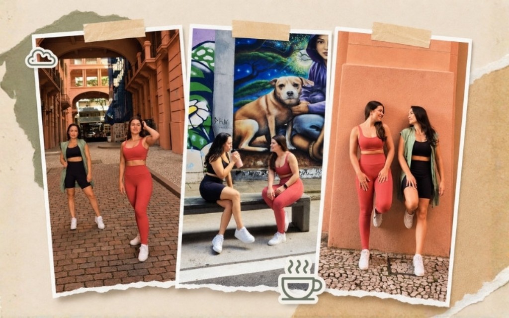 Montagem com looks femininos da Fivem para rotina diária, combinando peças fitness e casuais em ambientes urbanos, com foco em conforto, praticidade e versatilidade para acompanhar diferentes compromissos.