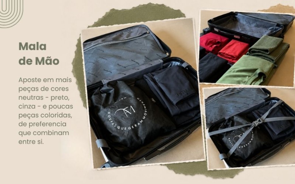 Detalhe de mala de mão organizada com roupas básicas de cores neutras, como preto e cinza, ideal para criar vários looks de inverno com pouco volume.