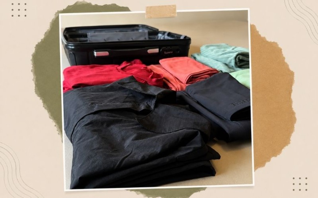 Seleção de roupas coringa da Fivem organizadas dentro de uma mala de mão pequena, destacando peças versáteis que funcionam tanto para passeio quanto para atividades físicas no inverno.