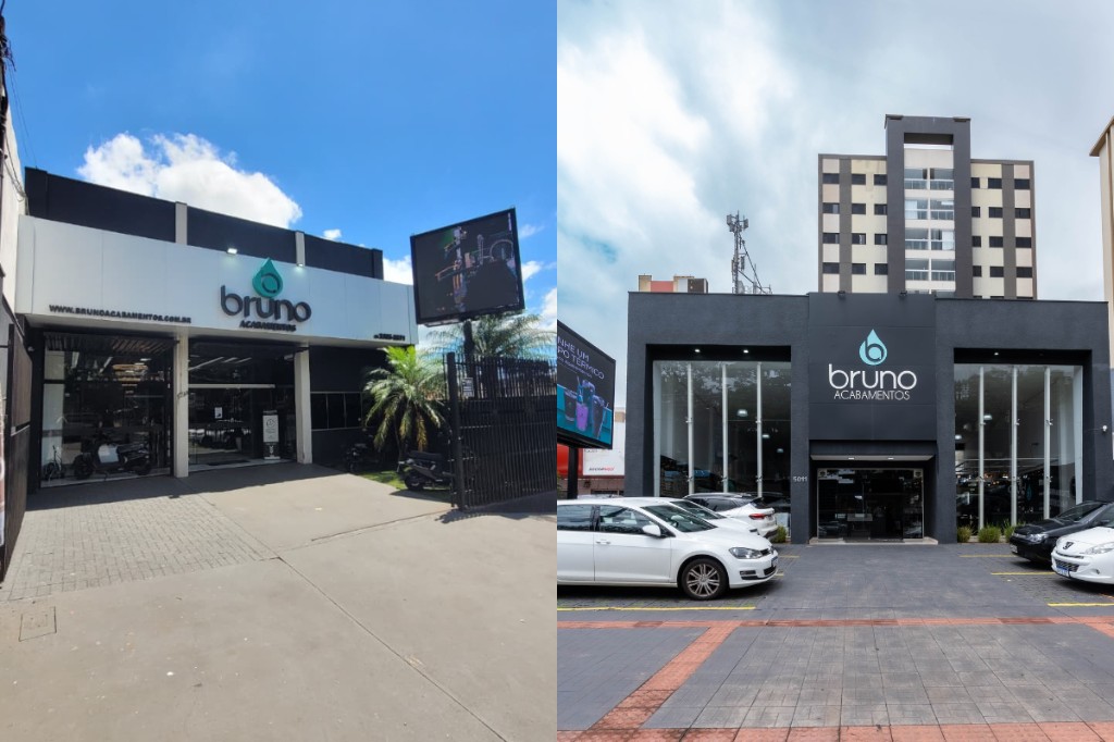 Uma imagem na horizontal dividida ao meio com fotos das fachadas das lojas Bruno Acabamentos em Maringá. À esquerda temos a fachada da loja na Av. Dr. Alexandre Rasgulaeff, 1399 e à direita uma foto da fachada da loja na Av. Colombo, 5011.