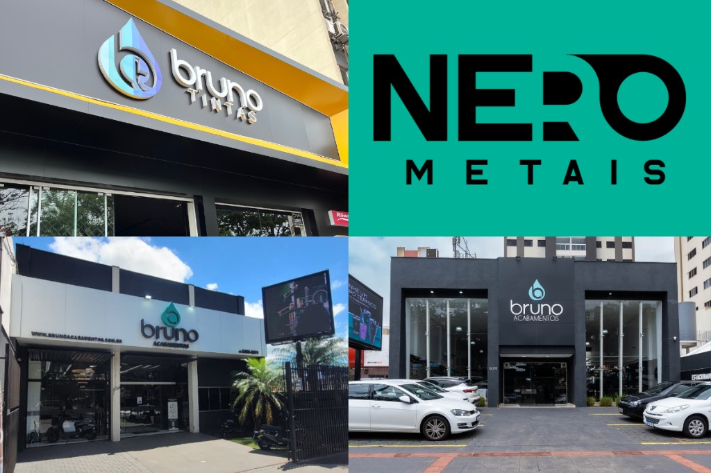 Imagem dividida em quatro, com as fachadas das lojas Bruno Acabamentos e Bruno Tintas e com a logo da marca de fabricação Nero Metais.