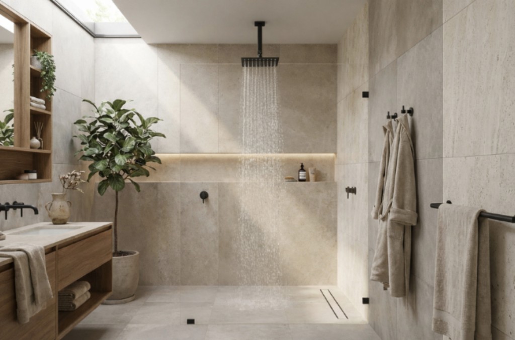 Um banheiro alto padr&atilde;o, com ilumina&ccedil;&atilde;o natural vindo de fonte de luz no teto. As paredes s&atilde;o em tom bege com textura natural, ducha, torneira, acionadores, porta toalha e cabides s&atilde;o no tom preto fosco.