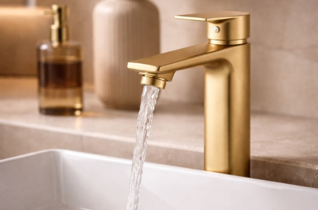 Torneira dourada fosca instalada em uma bancada com cuba de sobrepor de lou&ccedil;a branca. A torneira est&aacute; funcionando.