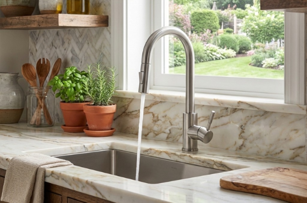 Cozinha com bancada e revestimentos em pedra natural, uma torneira monocomando n&iacute;quel escovada instalada na bancada. A cuba &eacute; de inox embutida na bancada. A torneira est&aacute; aberta.