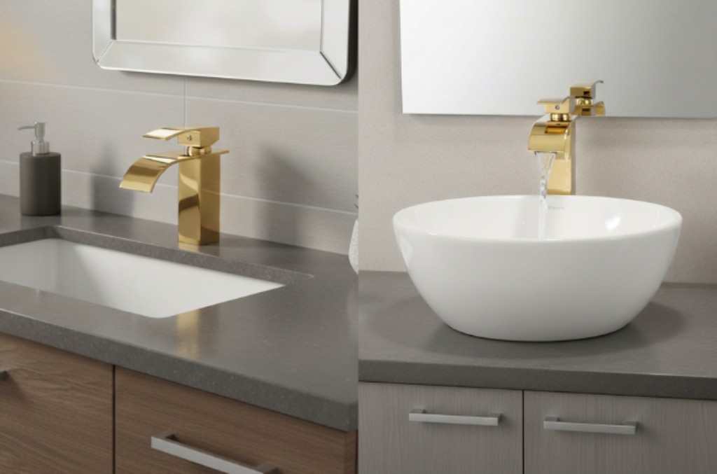 Montagem com uma torneira baixa e outra torneira alta. A imagem da esquerda mostra uma torneira de bica baixa instalada na bancada atrás de uma cuba de embutir, já na imagem da direita é uma torneira de bica alta instalada na bancada atrás de uma cuba de sobrepor redonda. As duas torneiras são o mesmo modelo em cascata no tom dourado, a diferença está na altura ajustada para cada tipo de cuba.