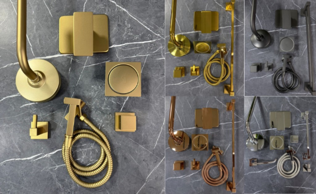 Montagem com fotos de kits de acess&oacute;rios para banheiro com porta toalha, papeleira, ducha higi&ecirc;nica, ducha de parede, acabamento de registro, acabamento de registro monocomando e cabide. Cada kit tem uma cor para todos os itens, as cores que aparecem s&atilde;o, dourado matte, dourado escovado, preto fosco, cromado e ros&ecirc; gold