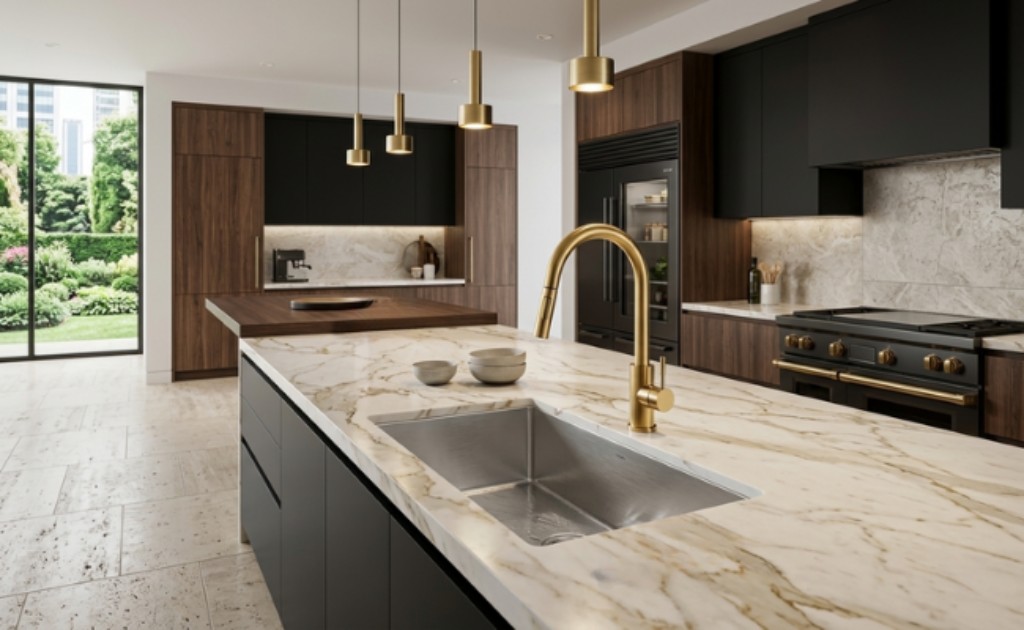 Torneira monocomando de bancada girat&oacute;ria bica extens&iacute;vel e dois tipos de jato. Feita em metal com acabamento no dourado, essa torneira &eacute; o brilho que faltava para deixar a cozinha completa e cheia de beleza. A bica extens&iacute;vel &eacute; retr&aacute;til e fica armazenada dentro da estrutura de metal, deixando a torneira mais organizada e com alto padr&atilde;o!