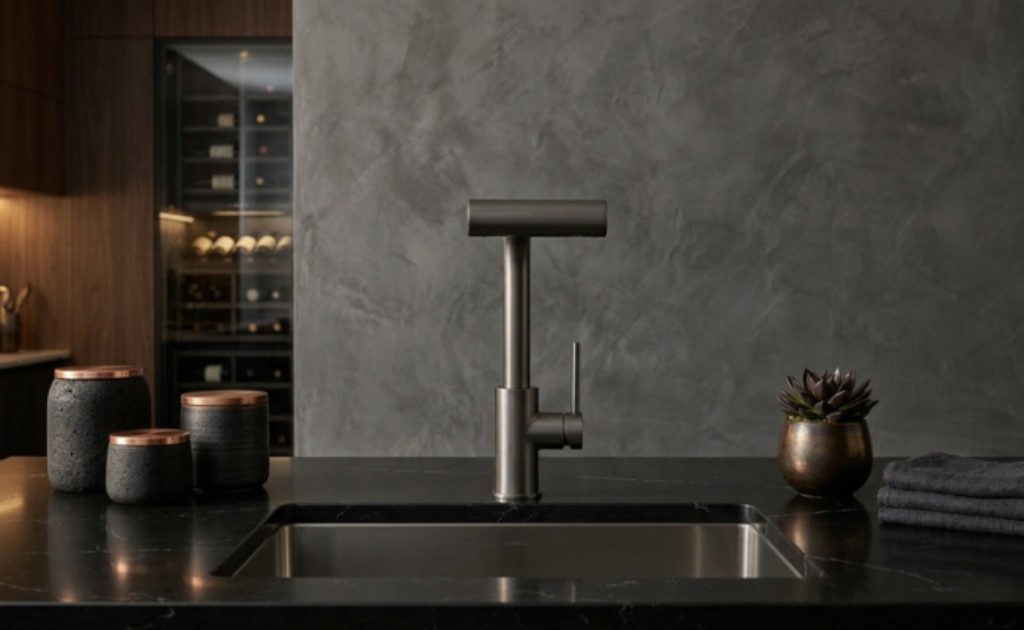 Torneira monocomando em metal com bica extens&iacute;vel e 4 tipos de jato. Sua instala&ccedil;&atilde;o deve ser feita na bancada da pia da cozinha e o acabamento grafite escovado &eacute; o toque de luxo que voc&ecirc; estava buscando para o seu lar. Aproveite todos os benef&iacute;cios e praticidade dessa torneira para o dia a dia.