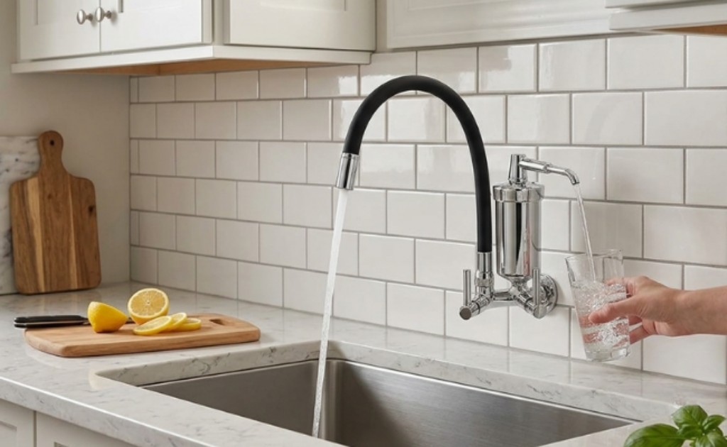 Torneira de parede com filtro. Essa torneira deve ser instalada na parede da sua cozinha, &eacute; ideal para quem quer economizar com &aacute;gua, n&atilde;o precisa instalar filtros adicionais ou comprar gal&otilde;es, a vela de carv&atilde;o ativado &eacute; universal e facilmente encontrada, a troca deve ser feita a cada 6 meses. A base da torneira &eacute; em metal, o cano em silicone flex&iacute;vel e o filtro &eacute; em pl&aacute;stico ABS. Dispon&iacute;vel na cor preto e cromado, que combina com todo tipo de decora&ccedil;&atilde;o.