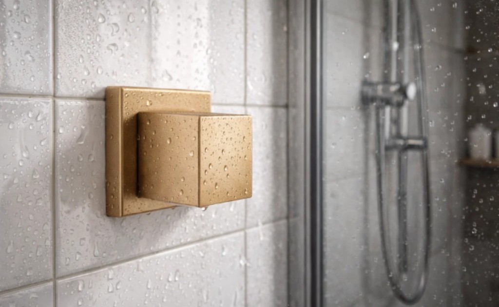 Foto ambientada acabamento de registro dourado matte