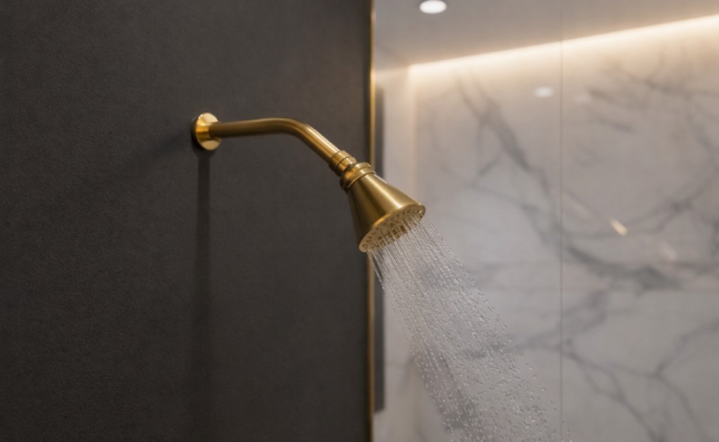 Ducha de parede dourada, ideal para aquecimento a g&aacute;s ou instala&ccedil;&atilde;o em &aacute;reas externas com piscina ou pr&oacute;ximo &agrave; praia. Pintura resistente que n&atilde;o descasca com o tempo.