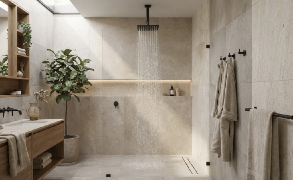 Ducha de teto preto fosco, ideal para projetos de alto padr&atilde;o com design e arquitetura moderna.