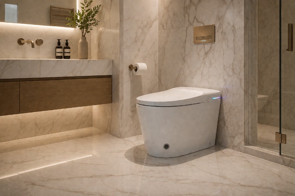Privada smart Nero Metais, a op&ccedil;&atilde;o com controle remoto, luzes noturnas, controle de temperatura de &aacute;gua, assento e jato de ar, com sensor de movimento que abre e fecha o vaso.