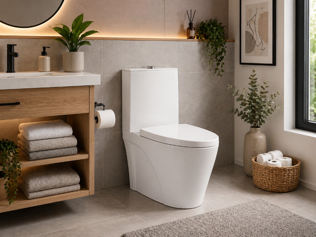 Inspira&ccedil;&atilde;o de banheiro moderno e espa&ccedil;oso com a privada monobloco como elemento central, perceba como um vaso sanit&aacute;rio pode ser tamb&eacute;m uma pe&ccedil;a de decora&ccedil;&atilde;o integrada ao visual do banheiro.