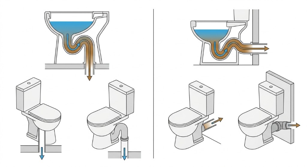Esquema ilustrado exemplificando como as sa&iacute;das de &aacute;gua de um vaso sanit&aacute;rio com caixa acoplada pode ser.