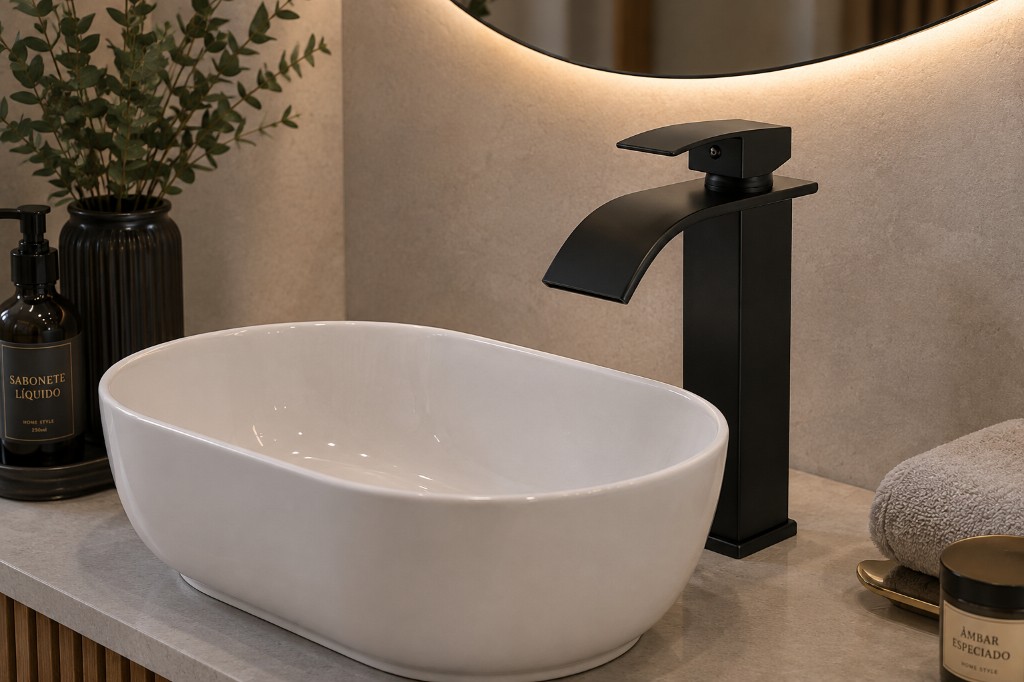 Torneira cascata alta preta, combinada com uma cuba de lou&ccedil;a oval de sobrepor