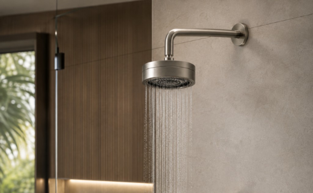 Ducha a g&aacute;s n&iacute;quel escovado ambientada em um banheiro de luxo