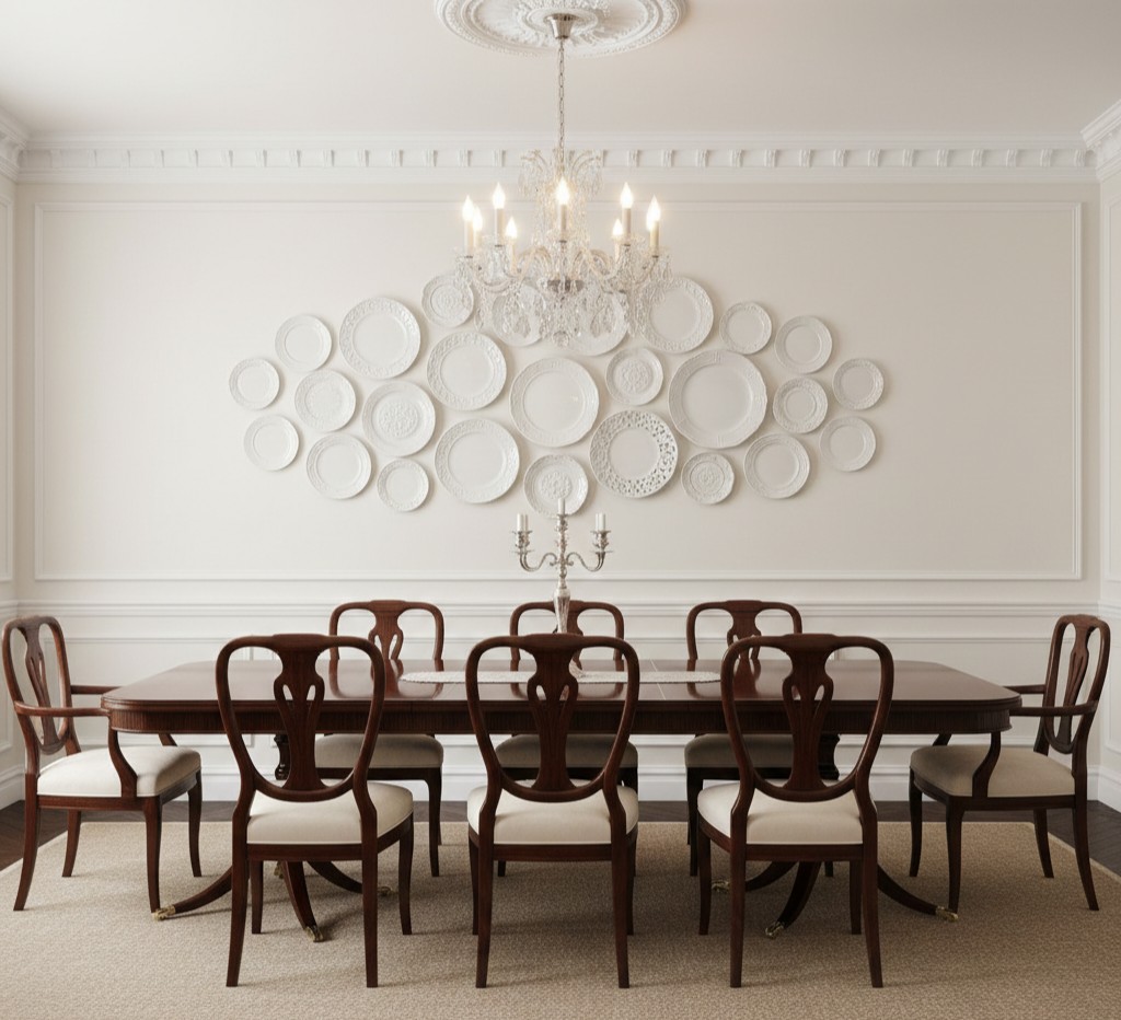 Composi&ccedil;&atilde;o de pratos brancos decorativos com bordas em relevo de diversos tamanhos e formatos em uma sala de jantar charmosa e iluminada.