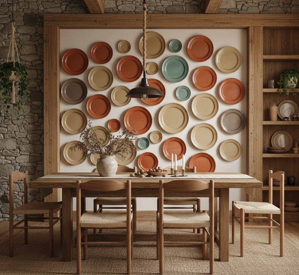 Conjunto de pratos de cer&acirc;mica artesanal em tons terrosos e formatos org&acirc;nicos dispostos como arte de parede em ambiente aconchegante.