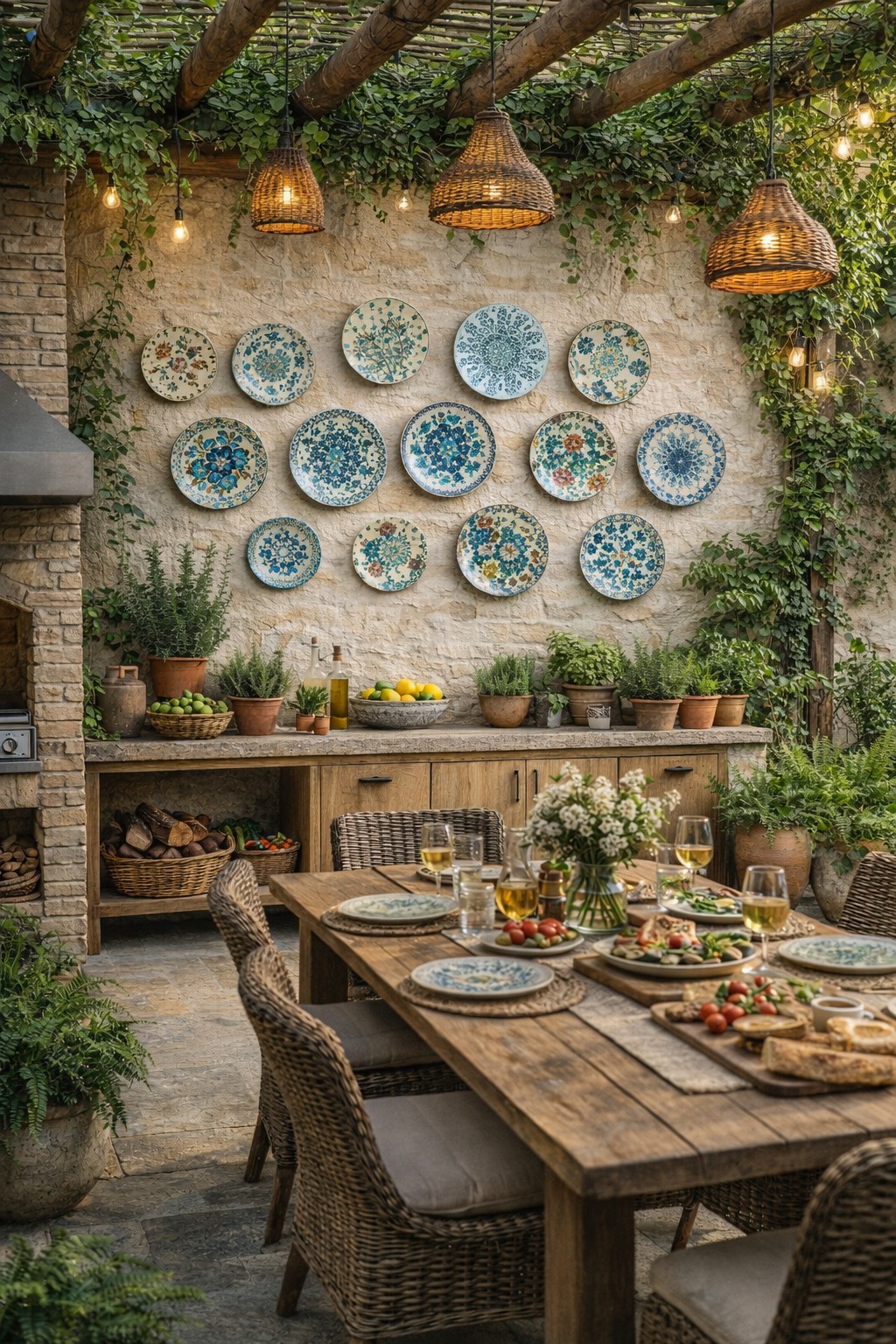 Parede de cozinha r&uacute;stica decorada com pratos de estampas florais e bot&acirc;nicas, criando uma galeria naturalista sobre m&oacute;veis de madeira.