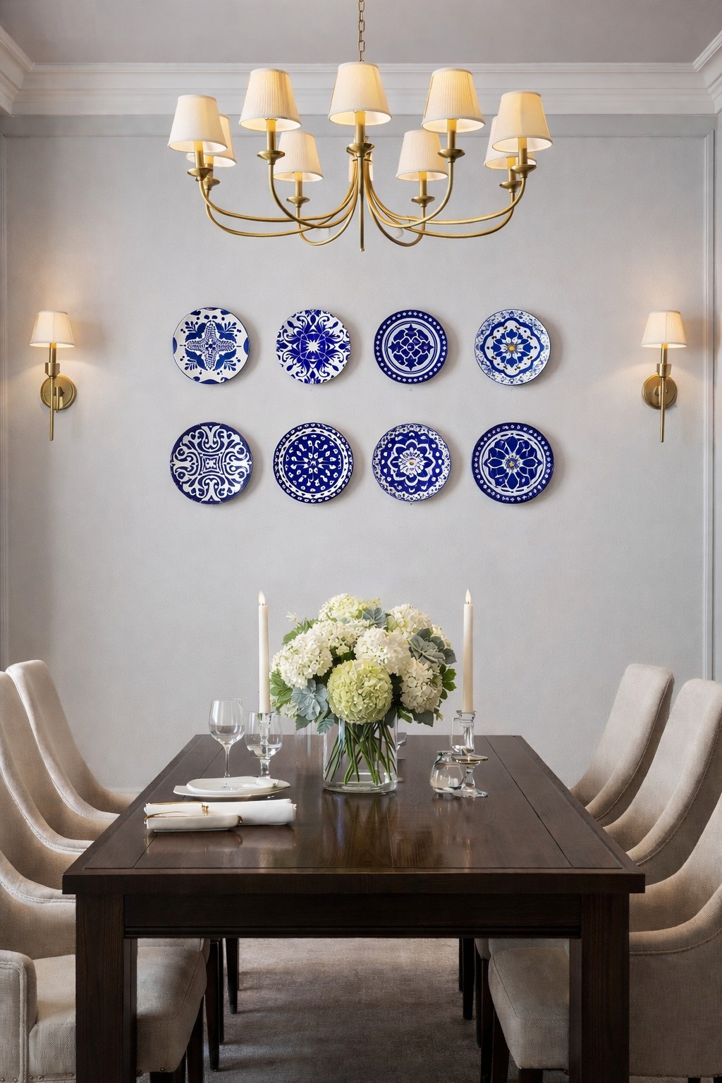 Sala de jantar chique com parede decorada por pratos cl&aacute;ssicos em azul e branco, incluindo estampas e padr&otilde;es portugueses.