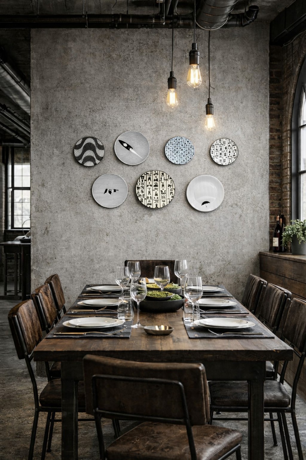 Parede decorativa com pratos de arte abstrata, listras e ilustra&ccedil;&otilde;es inspiradas em desenhos rupestres e arte eg&iacute;pcia.