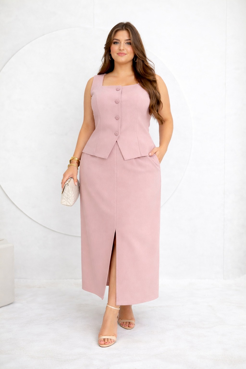 Conjunto feminino de alfaiataria com colete e saia longa elegante look completo