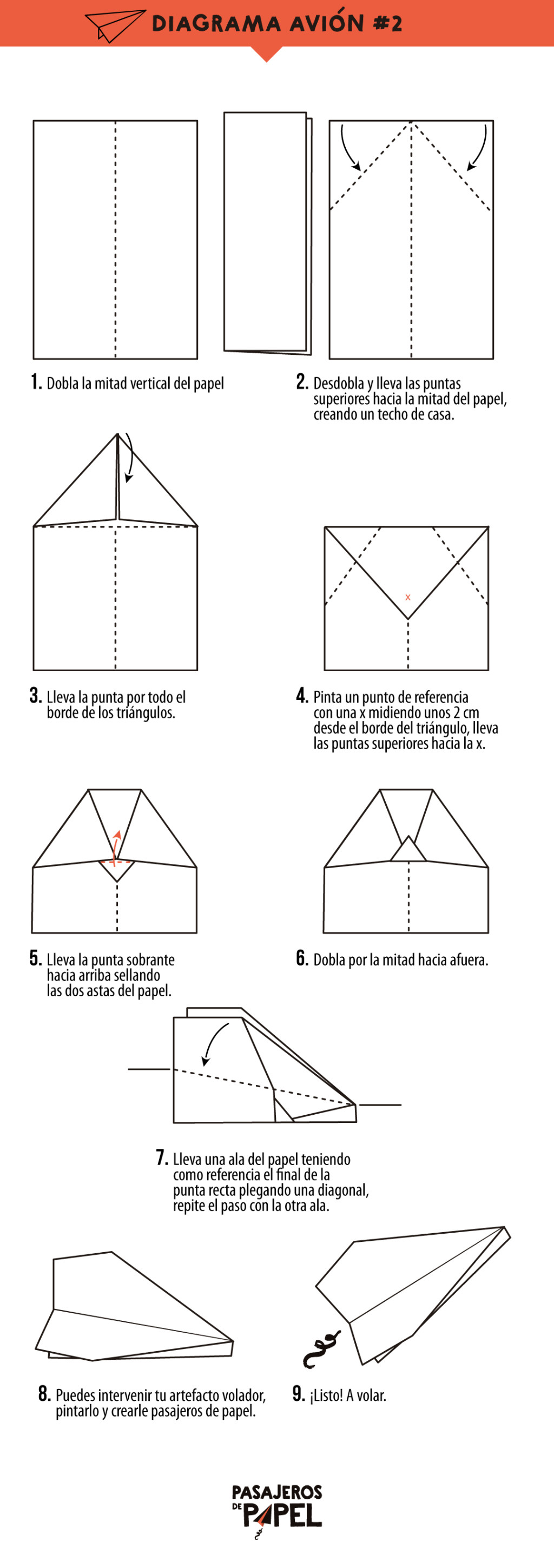 Diagrama paso a paso para plegar un avi&oacute;n de papel en origami, modelo 2.