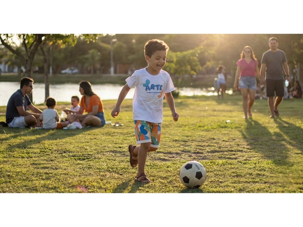 Menino Brincando no Parque com Camiseta Algod&atilde;o e Bermuda Moletinho