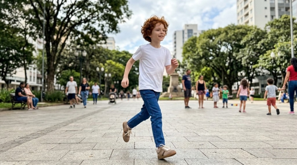 Menino correndo na praça