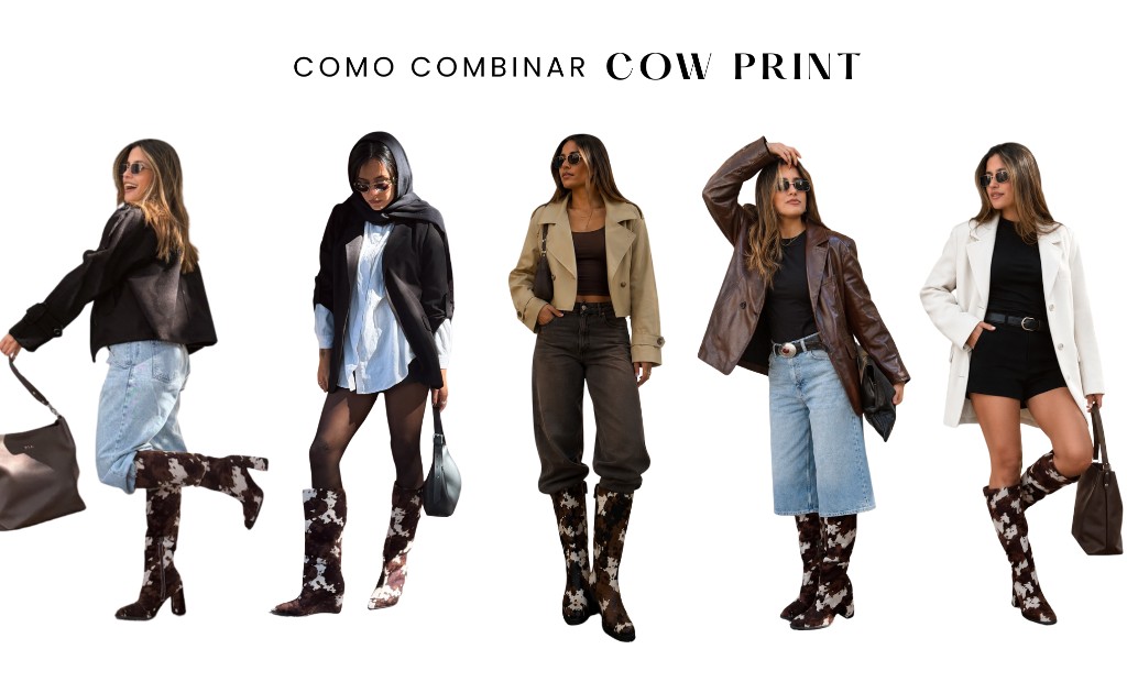 inspo outfit cow print, estampado vaca, combinaciones, botas cow print