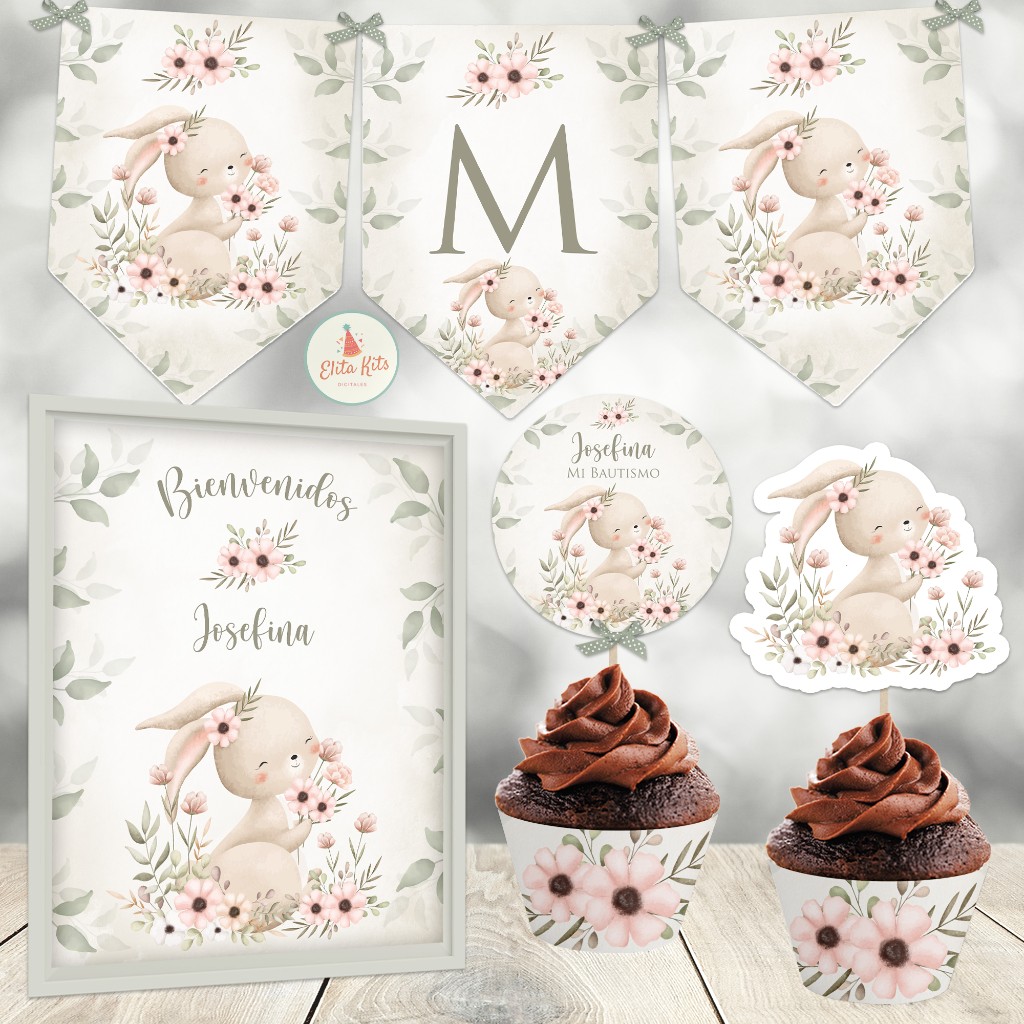Kit imprimible Conejita Acuarelas: bautismo, baby shower, cumplea&ntilde;os, 1 a&ntilde;ito de nena ni&ntilde;a