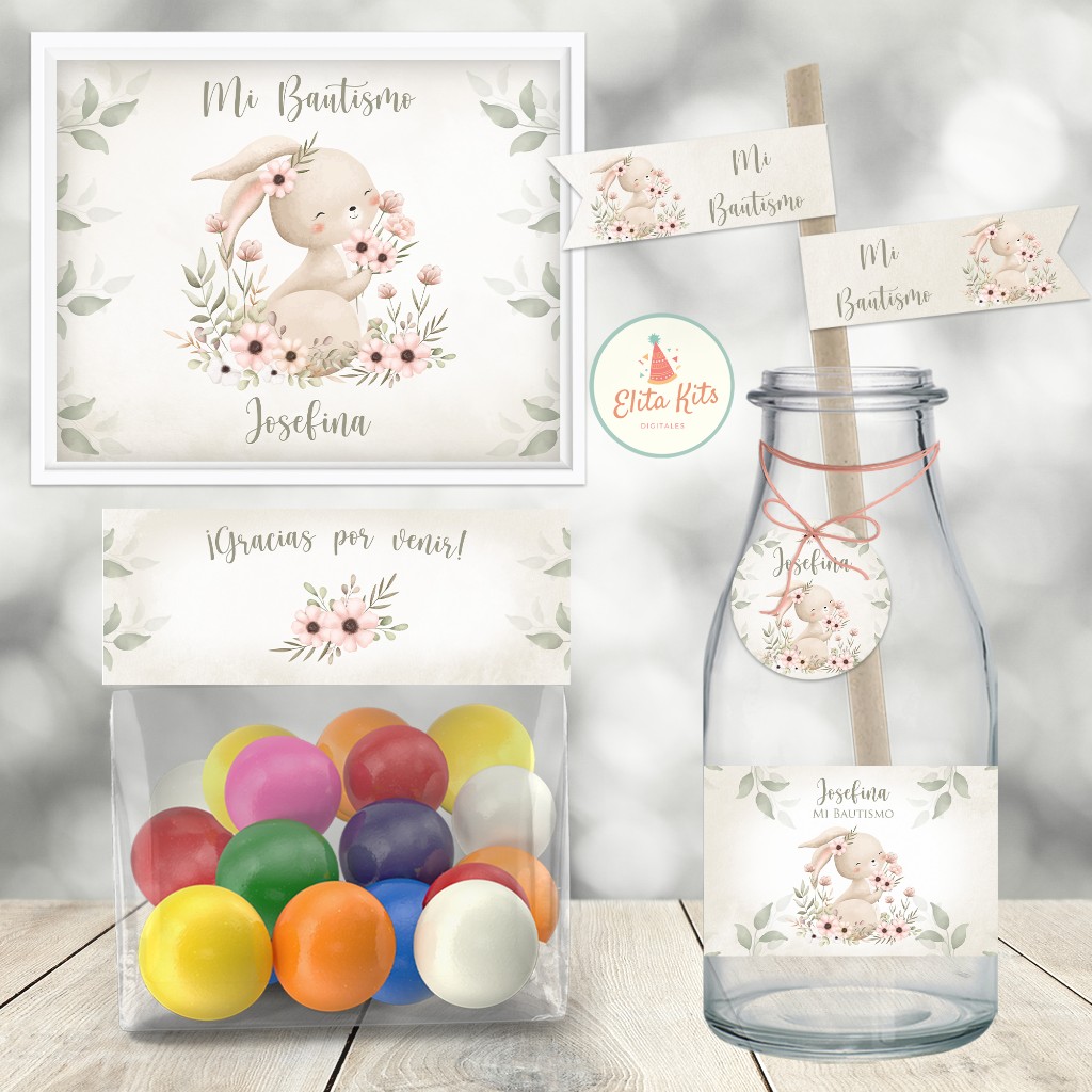Kit imprimible Conejita Acuarelas: bautismo, baby shower, cumplea&ntilde;os, 1 a&ntilde;ito de nena ni&ntilde;a