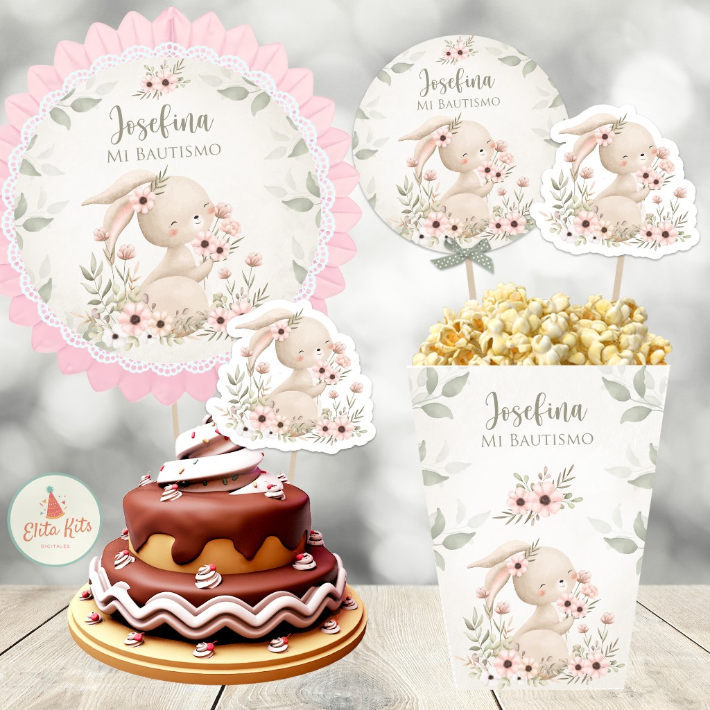 Kit imprimible Conejita Acuarelas: bautismo, baby shower, cumplea&ntilde;os, 1 a&ntilde;ito de nena ni&ntilde;a