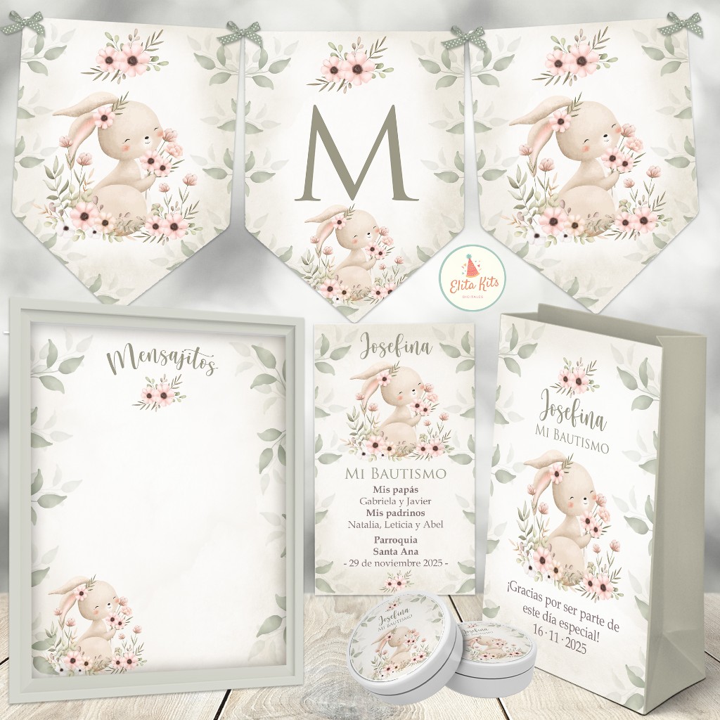 Kit imprimible Conejita Acuarelas: bautismo, baby shower, cumplea&ntilde;os, 1 a&ntilde;ito de nena ni&ntilde;a